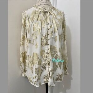 TALBOTS GOLDEN METALLIC RUFFLE NECK TOP BLOUSE - WINTER FLORAL
